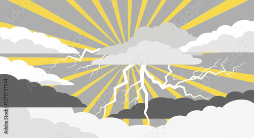 Stylized Weather Illustration Of Lightning Striking Through Stormy Clouds