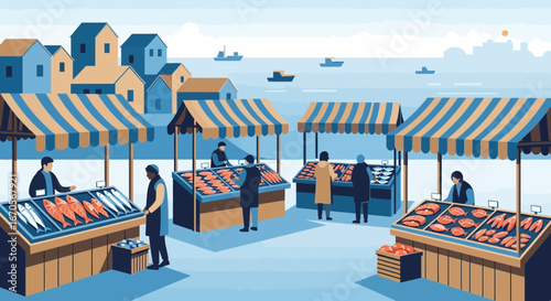 Stylized Vibrant Illustration Of Coastal Fishing Village With Bustling Seafood Market