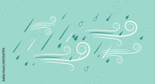 Stylized vector illustration showcasing a windy rain storm with a light blue background suitable for weather related design
