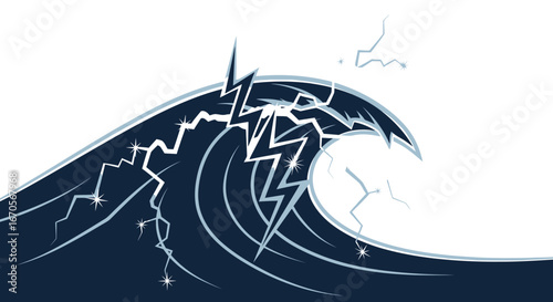 Stylized vector illustration showcasing a large wave crashing with lightning strikes effect
