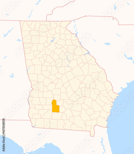 Map of the County Worth (Georgia, US) showing the Federal State with the highlighted County