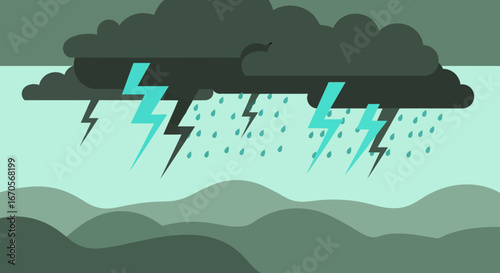 Stylized Thunderstorm Landscape With Lightning Bolts Over Rolling Hills