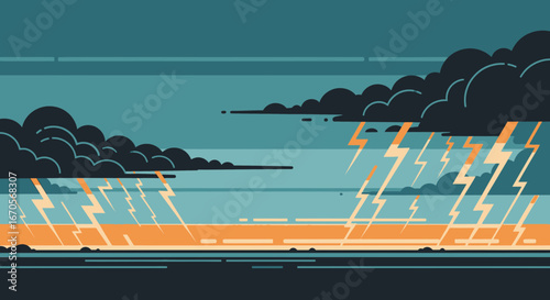 Stylized Tempest Scene with Dark Clouds And Lightning Strikes Graphic Element
