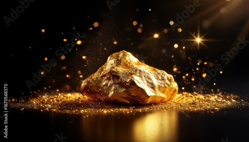 gold nugget on black background with glowing dust