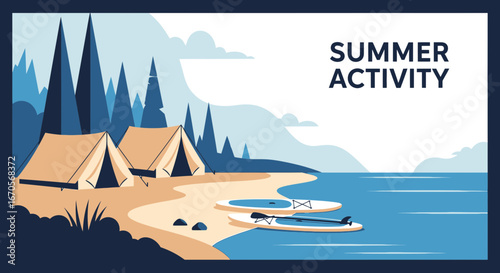 Stylized Summer Camp With Paddle Boards on the Beach Landscape Design