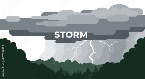 Stylized Storm Illustration With Lightning Over Dark Green Forest Background