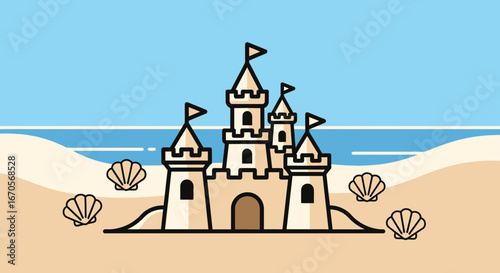 Stylized Sandcastle On Beach With Seashells Minimalist Summer Holiday Scene