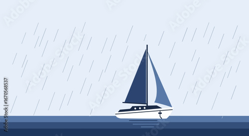 Stylized sailboat navigating a rainy sea under a pale blue sky creating a moody scene