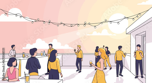 Stylized Rooftop Gathering Of Diverse Young Adults With Beverages At Sunset