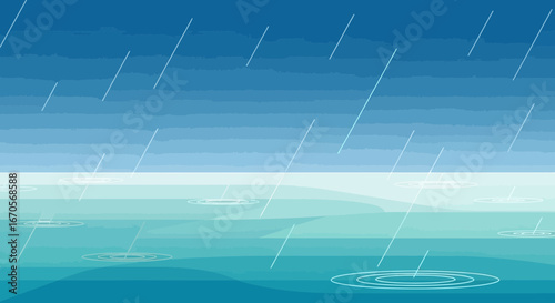 Stylized Rainy Weather Over Ocean Water Illustration Graphic Background