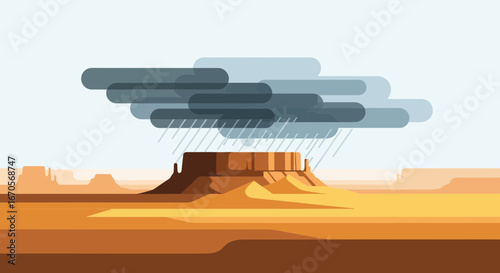 Stylized Rainstorm Over Desert Mesa Landscape Illustration for Designers