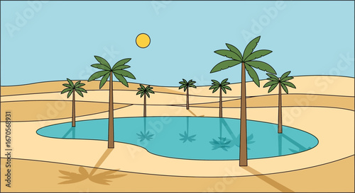 Stylized Oasis Amidst Sandy Dunes Under The Sun Cartoon Desert Landscape