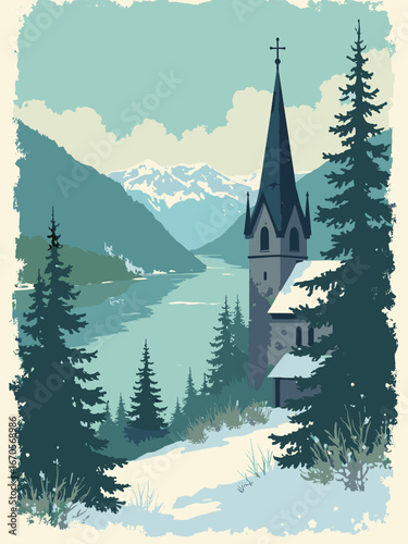 Oslo, Norway – Fjord arch with stave church silhouette and spruce planters, slate cladding and cool white wash; palette: fjord teal, spruce green, slate, snow