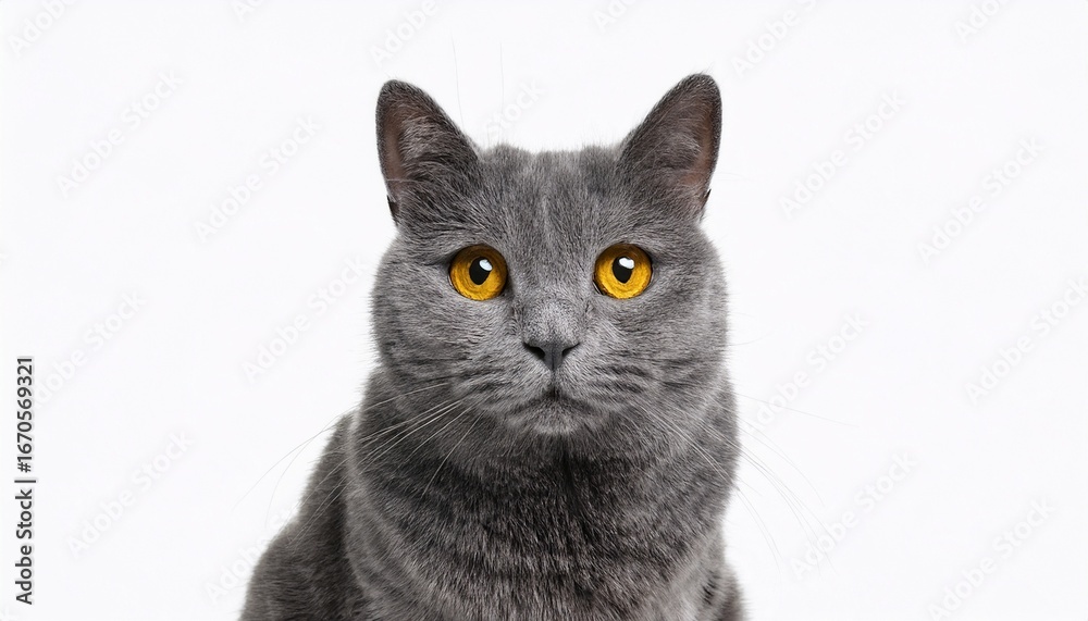 Obraz premium gray cat with bright yellow eyes sitting calmly against a white background