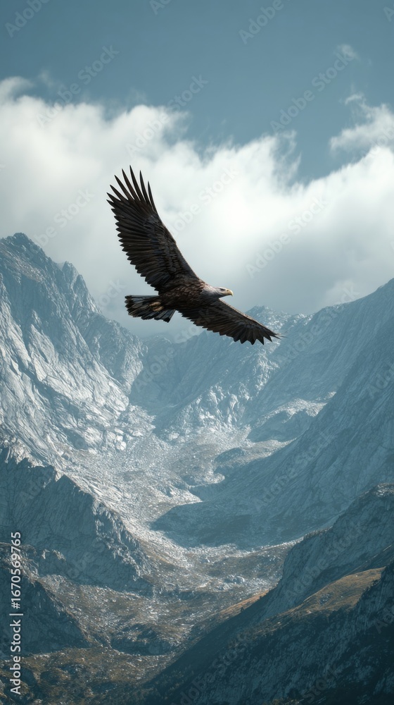 Fototapeta premium A bald eagle gracefully flies over a rugged mountain range on a clear day.