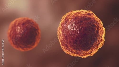 Microscopic view of two reddish-orange biological cells or microorganisms with textured surfaces.