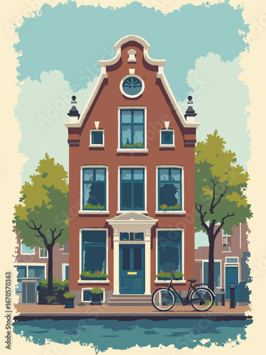 Amsterdam, Netherlands – Canal house gable sign in lacquered wood with bicycle wheel halo and canal tile base; palette: gable brick, canal blue, peat brown, cream