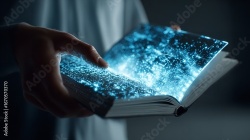 A healthcare professional in a lab coat is holding a tablet that projects a holographic display of interconnected data points