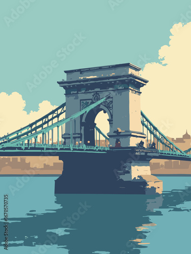 Budapest, Hungary – Chain Bridge-inspired iron arch with crown medallion and riverlight reflectors, stone plinth; palette: river navy, bridge bronze, limestone, lamp amber