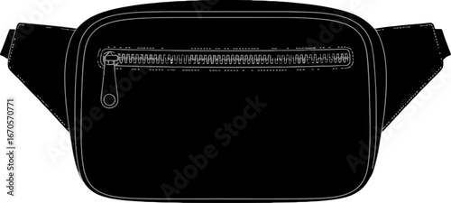 Black Fanny Pack with Zipper and Adjustable Strap - Vector Illustration
