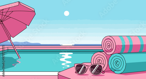 Tranquil Scene With Swimming Pool, Sun Umbrella And Rolled Towels Illustration