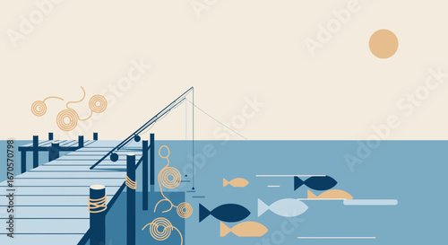 Tranquil Seaside Scene Featuring Wooden Pier and Stylized Marine Life