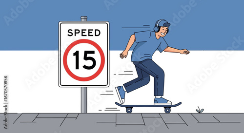 Teenager Rides A Skateboard Down The Street Past A Speed Limit Sign