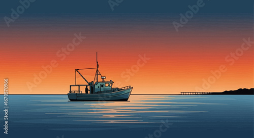 Tranquil twilight fishing boat illustration on calm ocean waterscape scenery