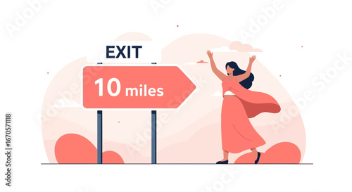 Ten Miles To Freedom A Woman Celebrates Near Road Sign Exit