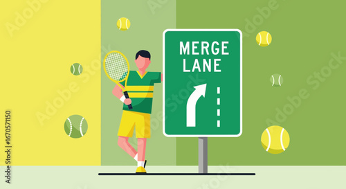 Tennis Player Leaning Against Merge Sign Ready For Upcoming Competition