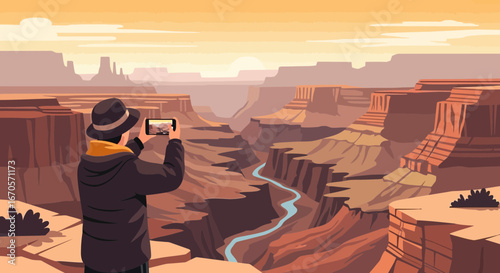 Traveler Capturing Desert Landscape Panorama with Smartphone at Grand Canyon