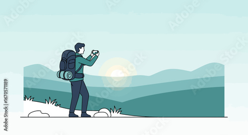 Traveler Capturing Mountain Scenery With Mobile Phone During His Journey