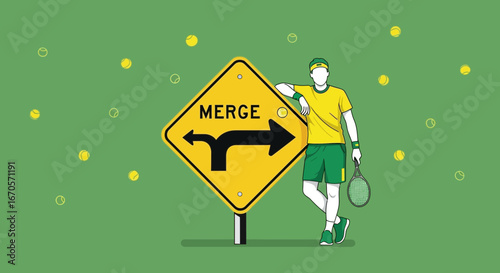 Tennis Player Leaning On A Merge Sign With Balls On Green Background