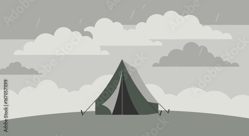 Tent In A Rainy Day Outdoors Adventure In The Wilderness Illustration