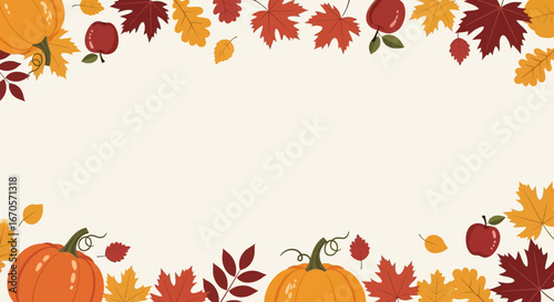 Thanksgiving Holiday With Pumpkins Apples And Fall Leaves Background Vector Design