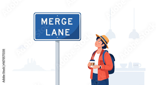 Traveler Navigating Future Directions With Merge Lane Road Sign Illustration