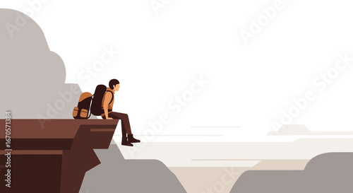Traveler Relaxing On Mountain Cliff Enjoying Serene Landscape View