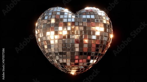 Shiny heart-shaped disco ball reflecting warm light, perfect for Valentine's Day or romantic celebrations, with transparent background
