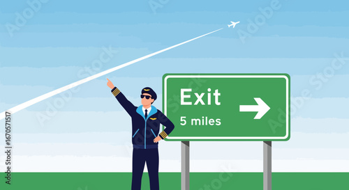 The Pilot Indicates The Direction Of The Flight By The Road Sign