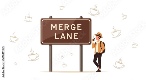 Traveler's Coffee Break Stop At Merge Lane Sign Illustration For Relaxation Time