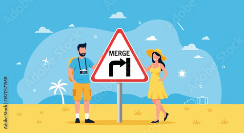 Travelers Planning Their Route on a Summer Holiday With a Merge Sign