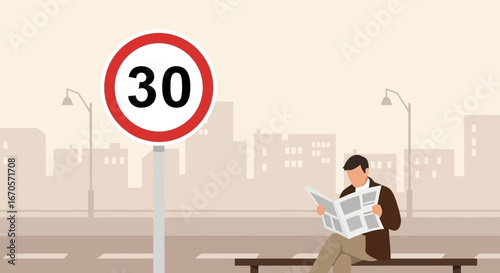 Thirty Kilometers Limit On Urban Road Cityscape Setting With Person Reading