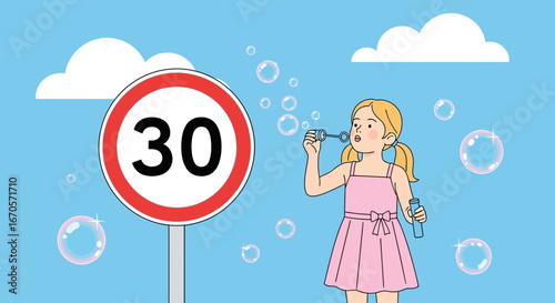 Thirty Birthday Anniversary Concept Girl Blowing Bubbles Next To Sign