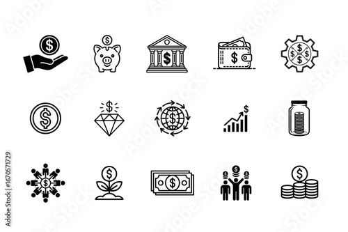 Financial Icons: A collection of meticulously crafted line art icons representing various aspects of finance and investment, from coins and banks to growth charts and financial growth.