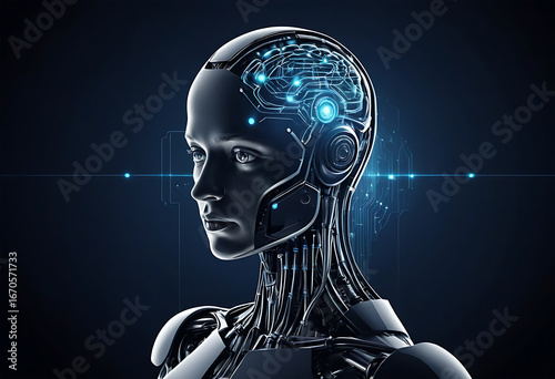 Futuristic humanoid robot with a realistic female face, cybernetic details, and illuminated circuits on the head and neck, symbolizing artificial intelligence and advanced technology circuitry.