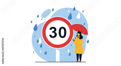 Thirty Kilometers Per Hour Speed Limit On A Rainy Day Illustration