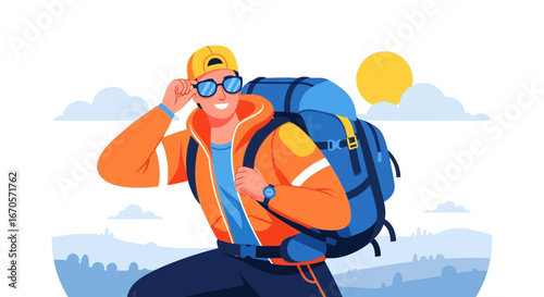 Trendy Happy Hiker Enjoying Mountain Expedition With Backpack And Sunglasses
