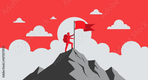 Triumphant climber plants flag atop peak signifying achievement and success the illustration depicts ambition and determination against a red sky