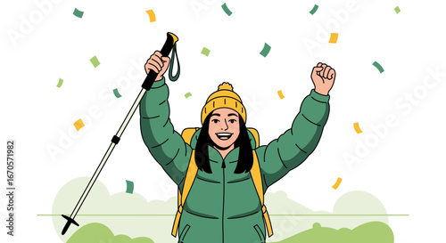 Triumphant Hiker Celebrating Peak Success Amidst Confetti Shower Graphic