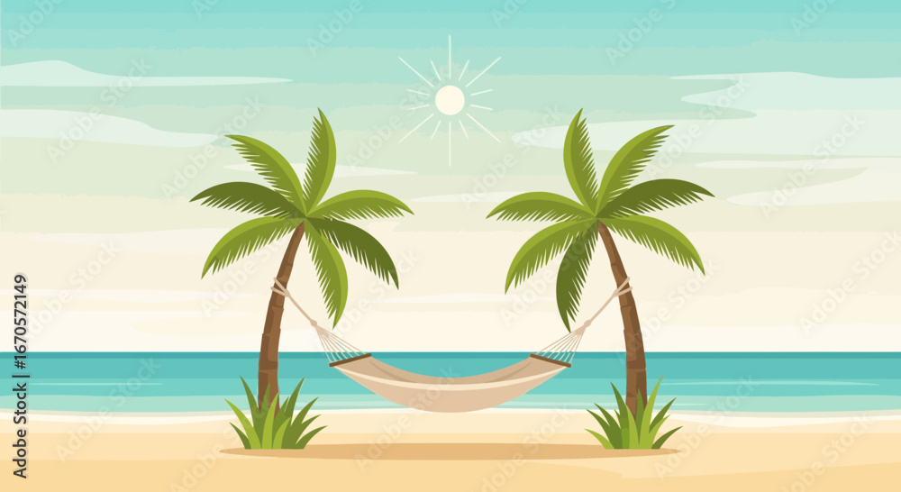 Obraz premium Tropical Beach Getaway With Palm Trees And Hammock For Relaxation